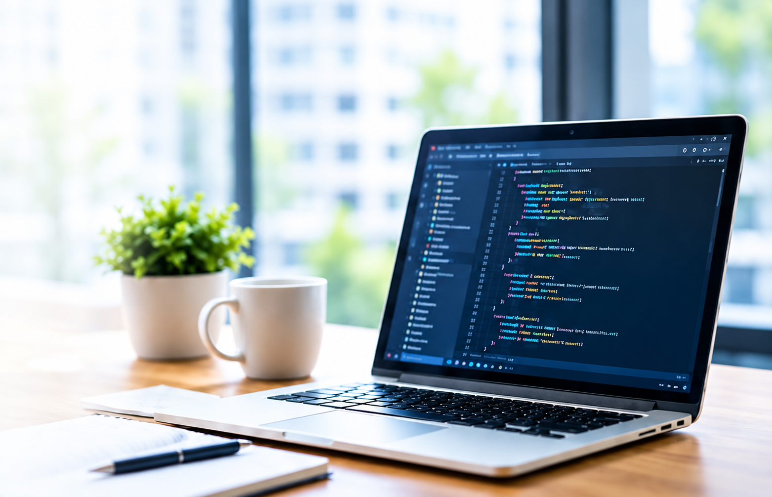 Laptop showing software development work on a desk